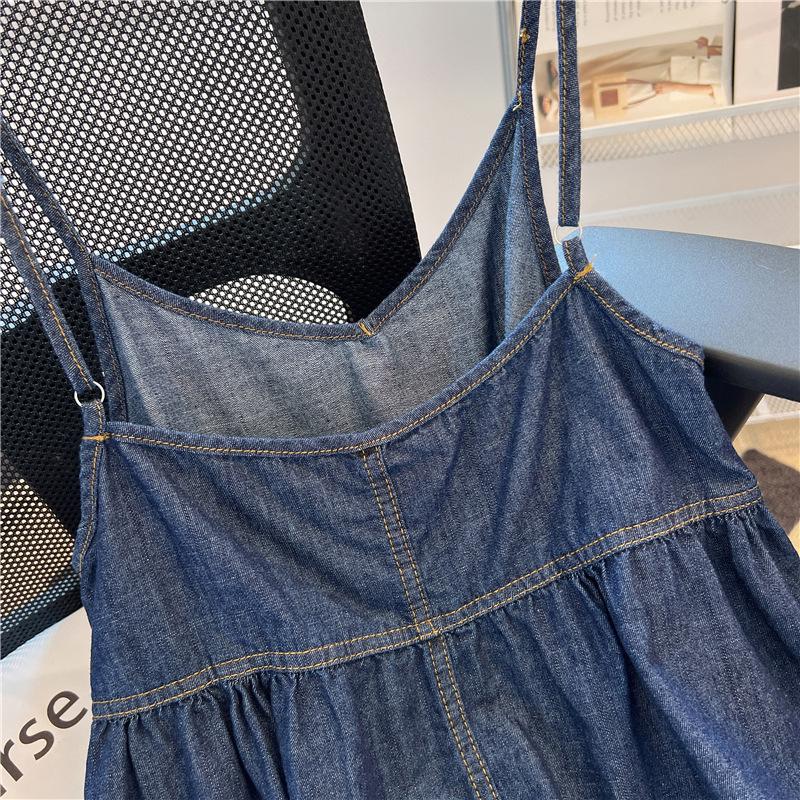 Ruffled Hem Ruched Denim Vest, Sleeveless V-Neck Camisole for Women