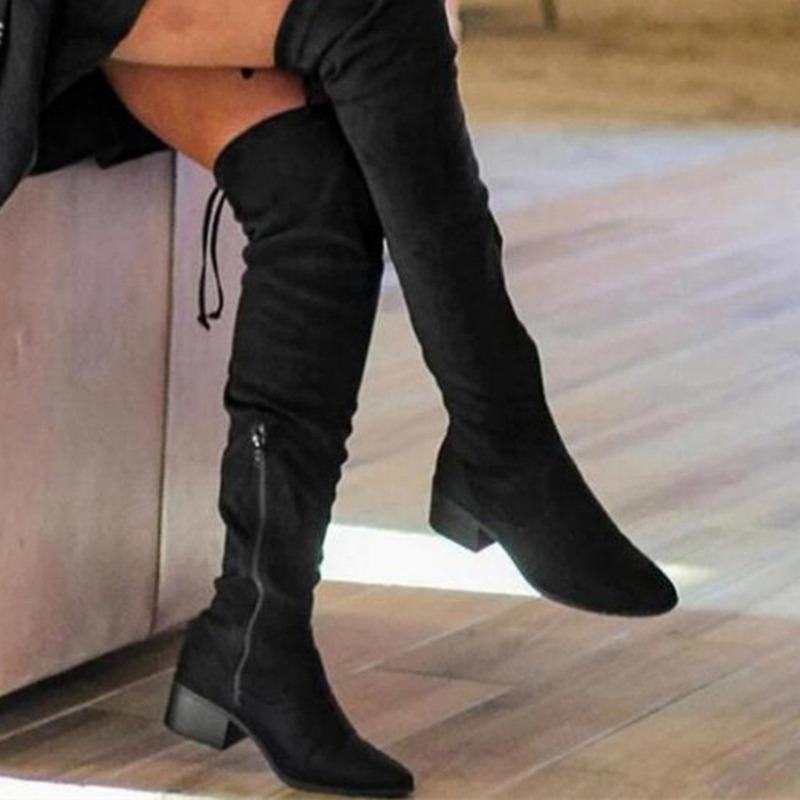 Autumn and Winter New Over-the-knee Boots Women's Elastic Mid-heel Sexy Boots Skinny Boots Back Lace-up Thick-heeled Boots