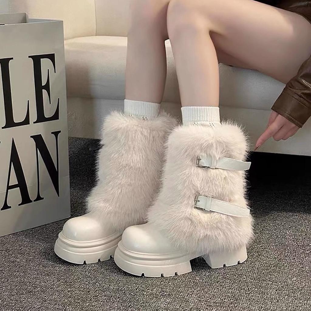 Spice girl thick-soled beautiful small short boots for women's new winter velvet huge good-looking white fluffy snow boots for women