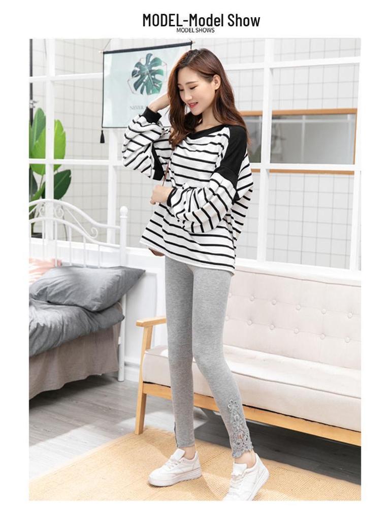 Korean Style High Waist Lace Slimming Leggings - Versatile Nine-Point Pants for Spring & Autumn