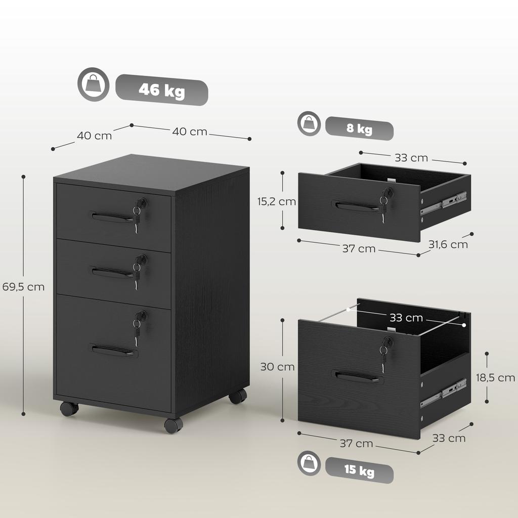 Mobile Office Cabinet with 3 Lockable Drawers, Rolling Storage Cabinet, 40 x 40 x 69.5 cm, Black