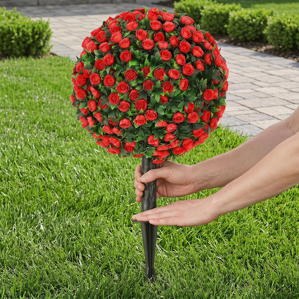 Artificial Rose Topiary Uv Resistant 2 Pack Fake Plants 55 Cm Red
