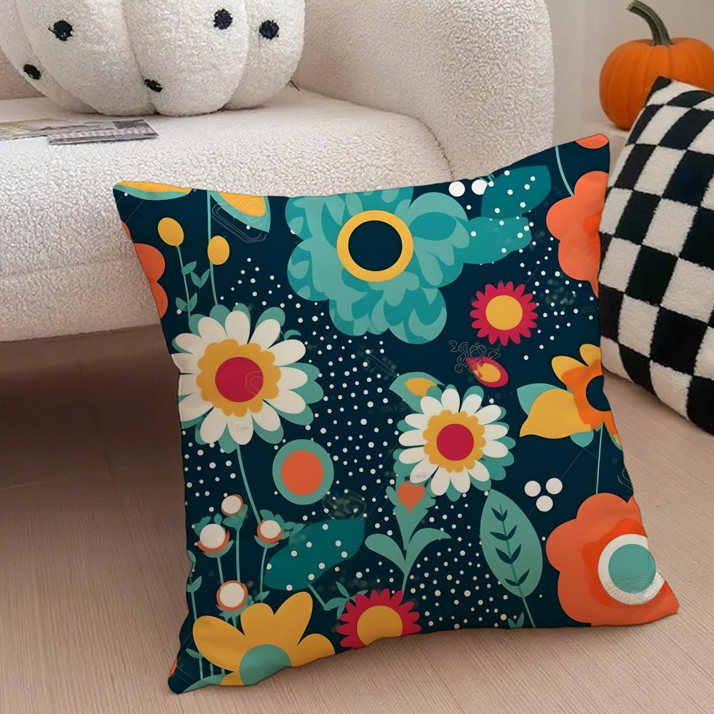 Retro Polka Dot Floral Pillow Retro Style Cushion Cover Throw Pillow Cover Hidden Button Durable Polyester Chair Cushion