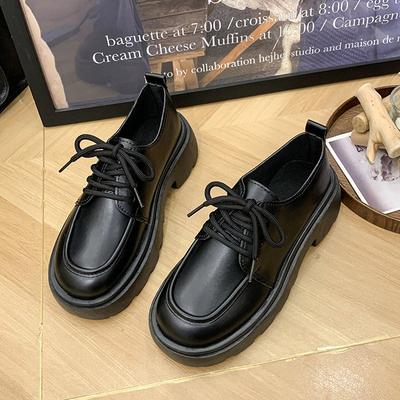 Thick-soled Retro British Style Small Leather Shoes for Women's 2025 Spring New Round Head Tide Matching Skirt Black Lace-up Single Shoes