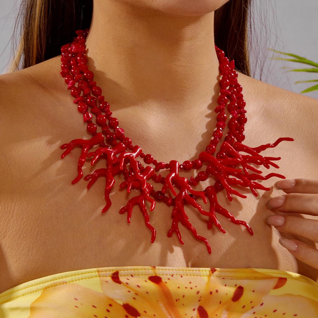 Exaggerated Red Coral Multi Layer Necklace for Women Bohemian Irregular Stone Beaded Choker Chain Vacation Party Jewelry Gift