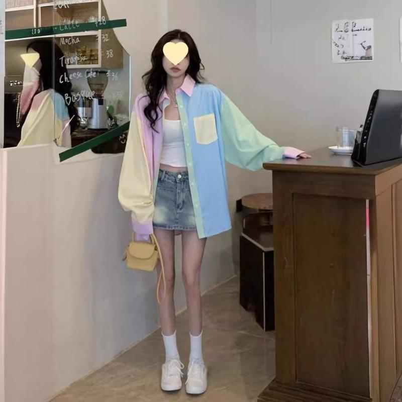 Camicie a Maniche Lunghe a Righe Primavera Autunno Top da Donna Moda 2024 Blusa Casual Ampia con Bottoni Camicie da Donna a Contrasto di Colore Caramella Camicie da Ufficio 24345