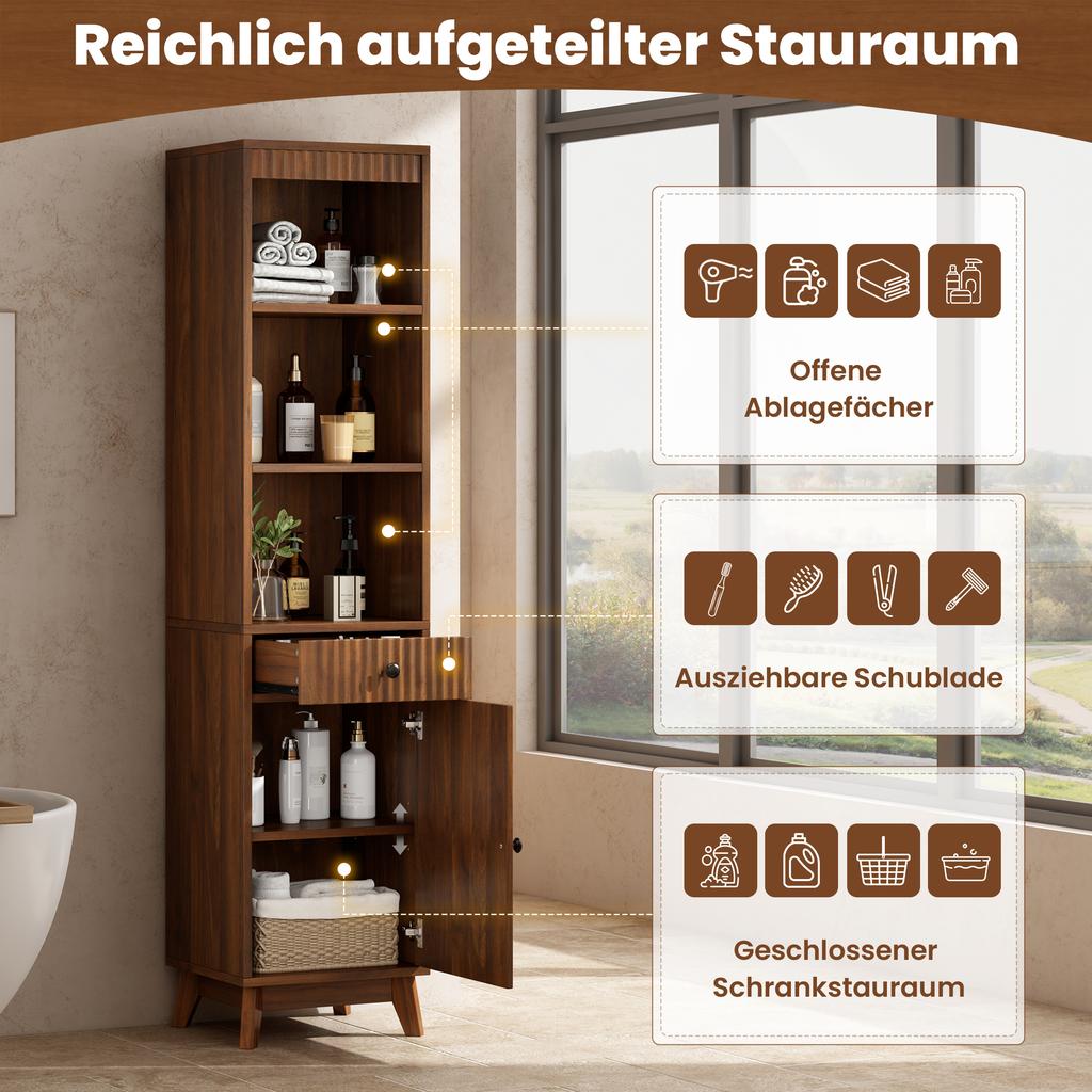 Mobile da Bagno Alto Autoportante, Frontali a Scanalature Verticali, Porta Reversibile Sinistra-Destra, Cassetto, Cerniere Soft-Close, 40×36×172 cm, Colore Noce