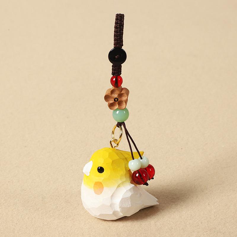 Hand-Carved Wood Parrot Keychain, Cute Yellow Bird Pendant with Bead Accents,Wood Parrot Keychain, Yellow Bird Pendant