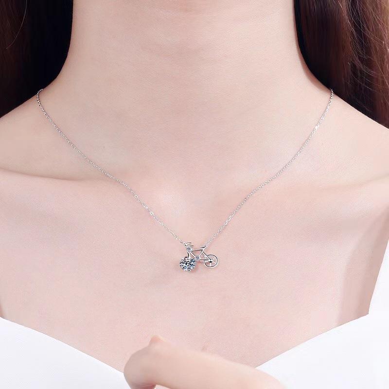 S925 Sterling Silver Moissanite Bicycle Choker - Women's Cute & Versatile Fashion Necklace, Internet Celebrity Style