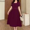 ZANZEA Women Square Collar Summer Casual Short Sleeve Dress