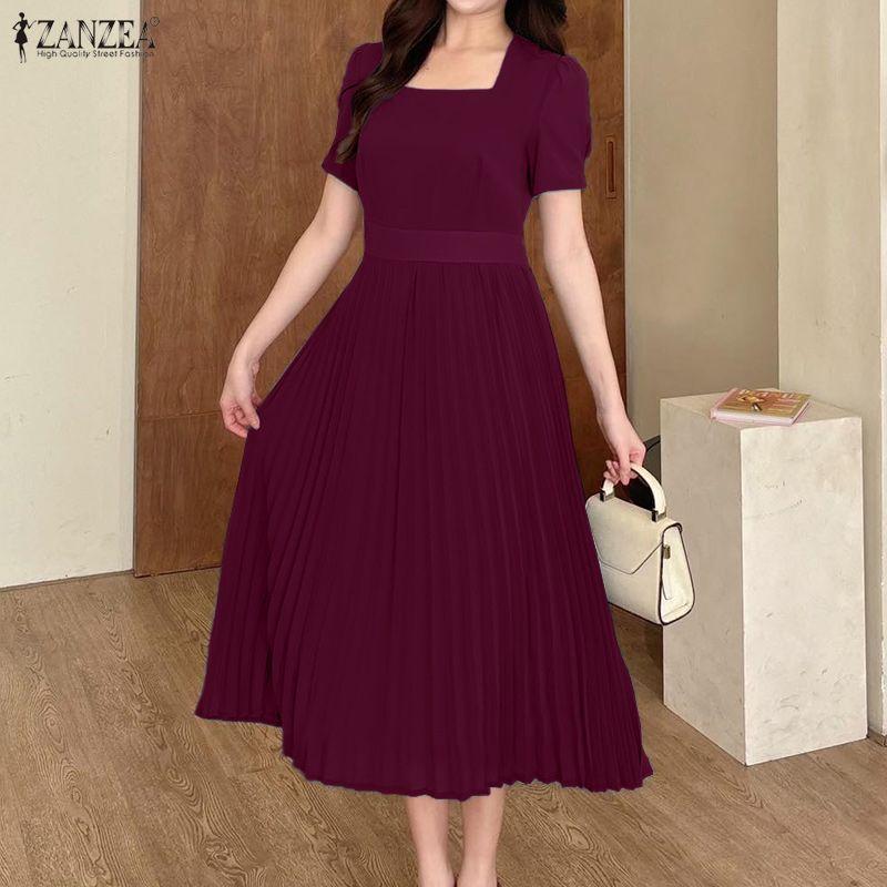 ZANZEA Women Square Collar Summer Casual Short Sleeve Dress