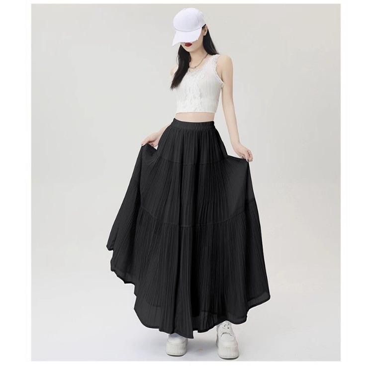 Elegant Purple Chiffon Pleated Half Skirt for Women, Summer High Waist Slim A-line Umbrella Long Swing Skirt