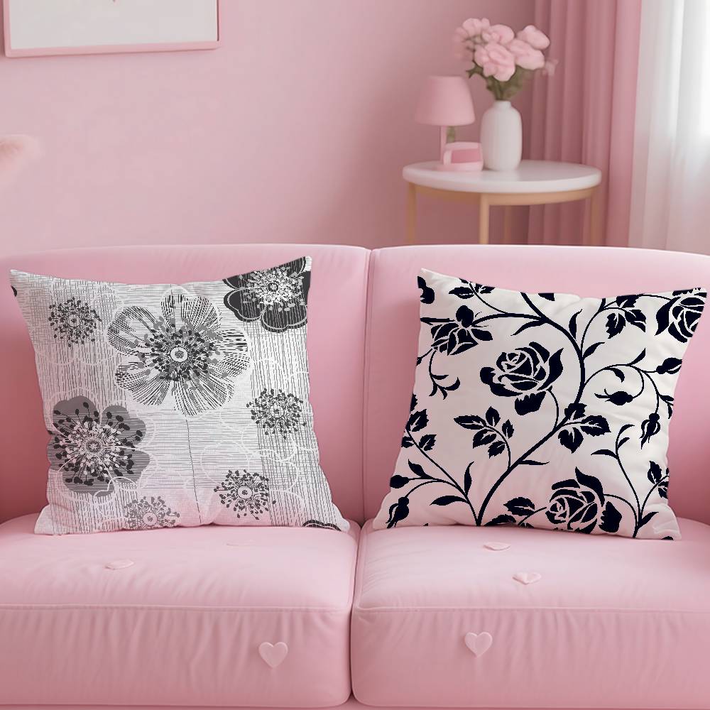 Svartvit Växtmönster Blad Kuddfodral Komfort Soffa Säng Silkeslen Elegant Dold Dragkedja Anpassad Dekorativ Kuddeöverdrag