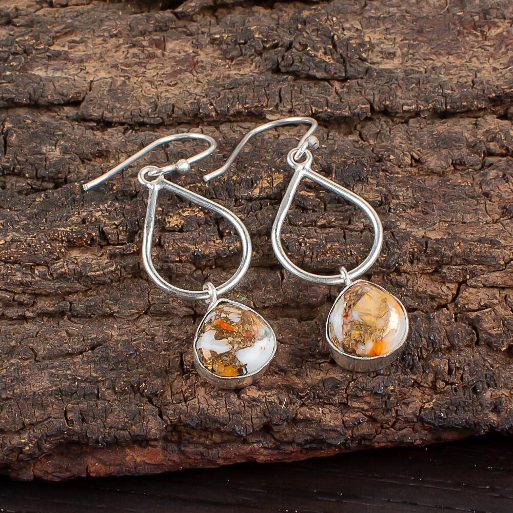 Orange Copper Turquoise Gemstone 925 Sterling Silver Jewelry Handmade Earrings EE-19-38