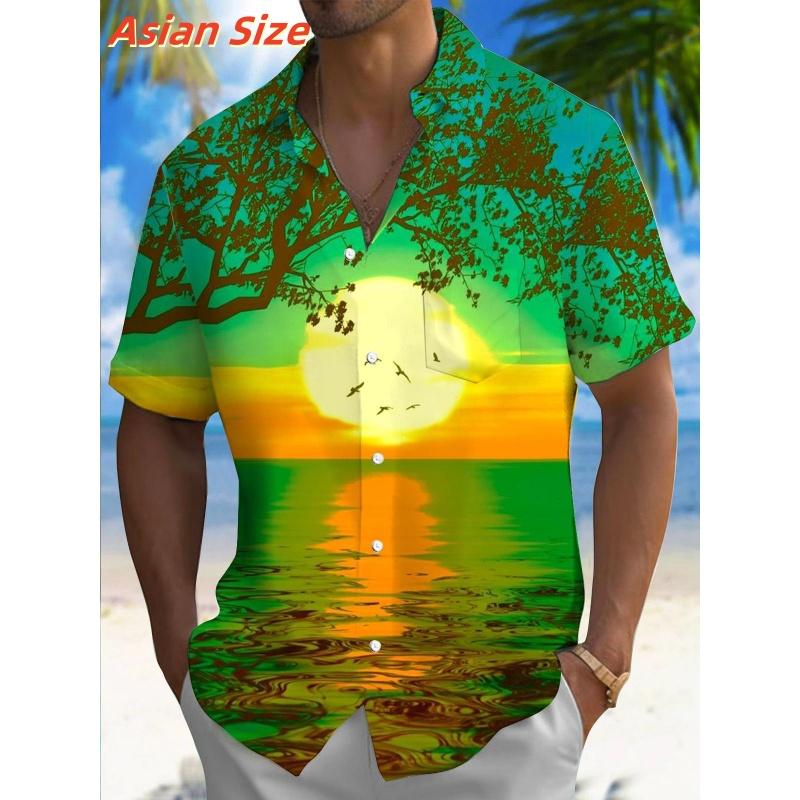 Ocean Beach Pattern Lapel Shirt For Men Coconut Tree 3D Printed Hawaiian Shirts Fashion Short Sleeve Tops Harajuku Button Blouse