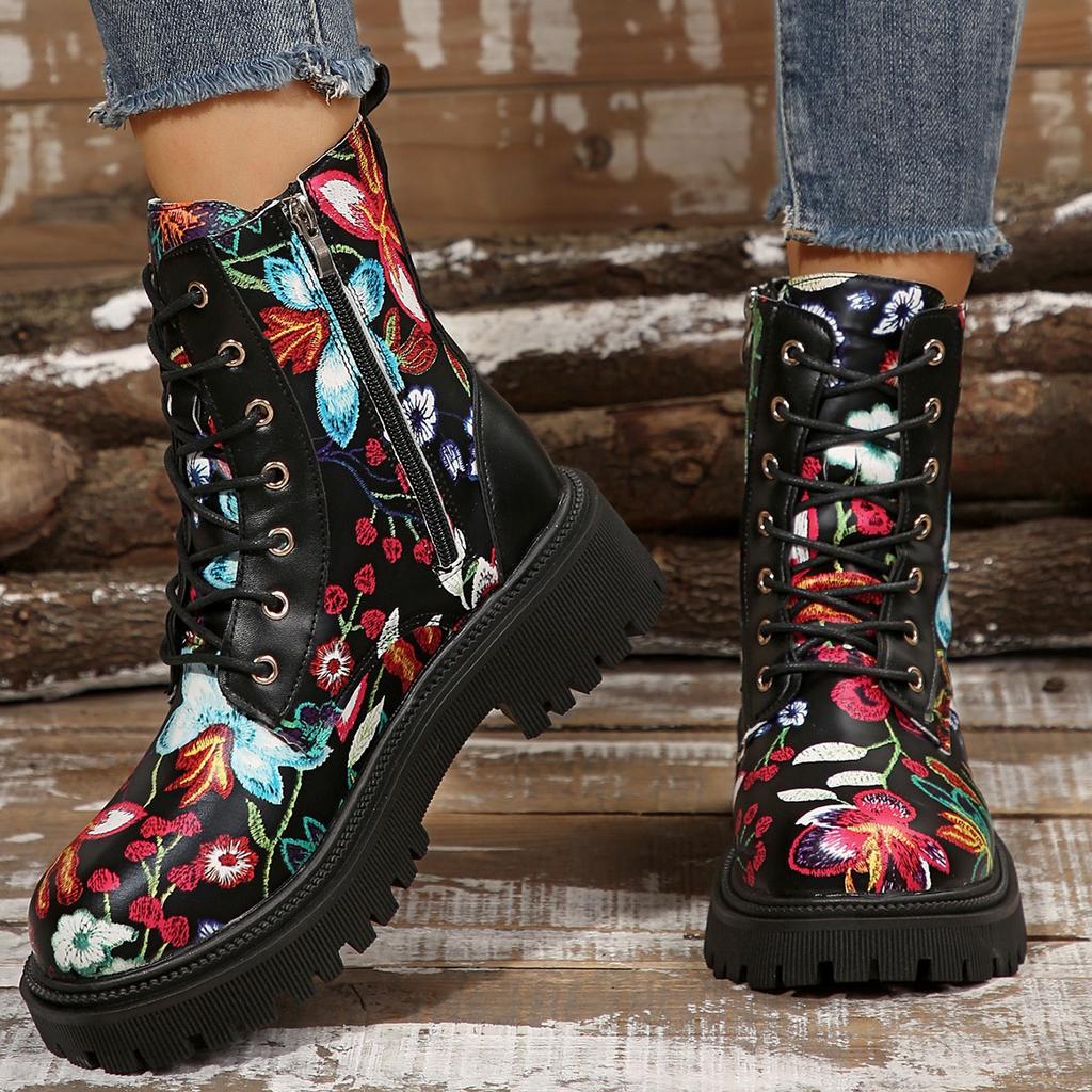European and American printed large-size Martin boots, new non-slip thick-soled round head warm side zipper boots in autumn and winter