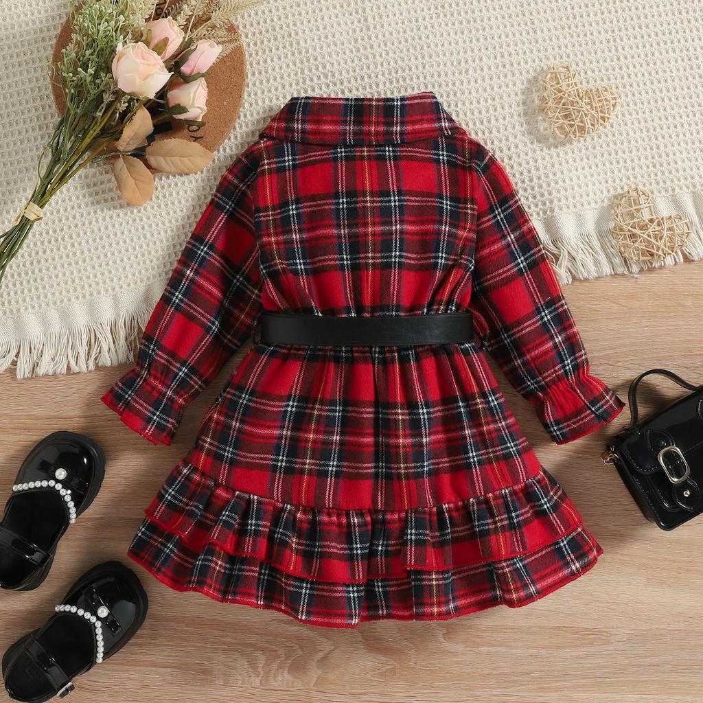 Children Clothing Girls Christmas Plaid Skirt Lapel Ruffled Long Sleeve Belt Children's Jacket Dress