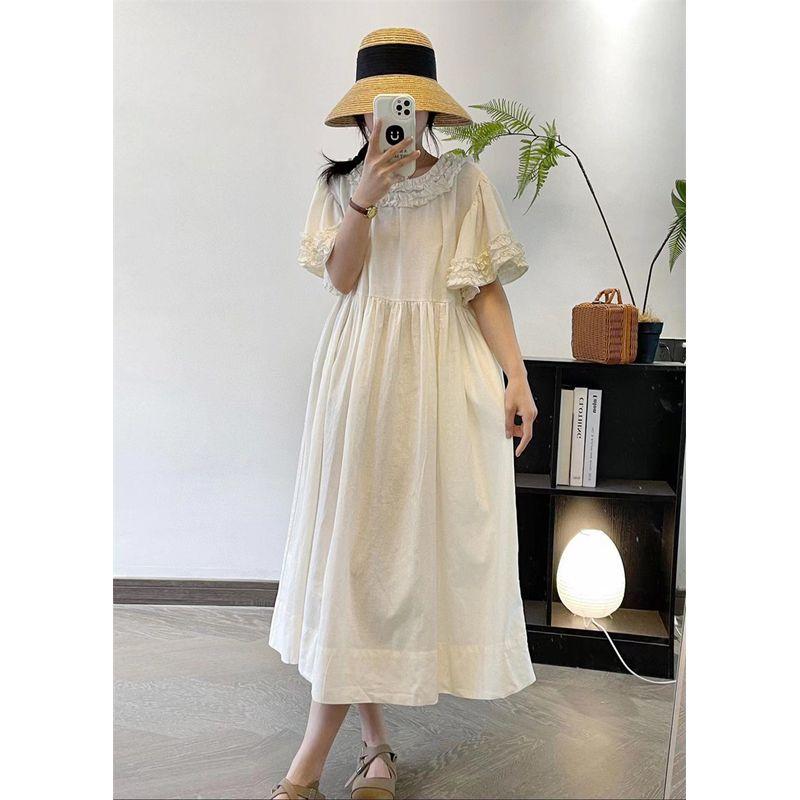 

Style Heavy Industry Wooden Ear Collar Short Sleeve Dress Female 2024 Summer New Arrival Petal Sleeve Pure Cotton Loose-Fitting Mid-Length Dress Beige White All yards