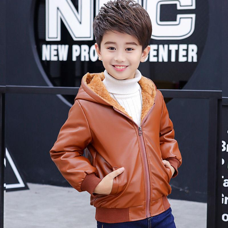 

6 9 10 11 12 Лет Детская Куртка-косуха из Искусственной Кожи на Молнии с Капюшоном и Мехом для Девочек и Мальчиков Зимнее Теплое Флисовое Пальто Детская Подростковая Верхняя Одежда 150 коричневый