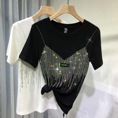 Chic Summer Diamond Short Sleeve T Shirt For Women Casual Solid Color O Neck T-shirt Ladies Streetwear Tees Top