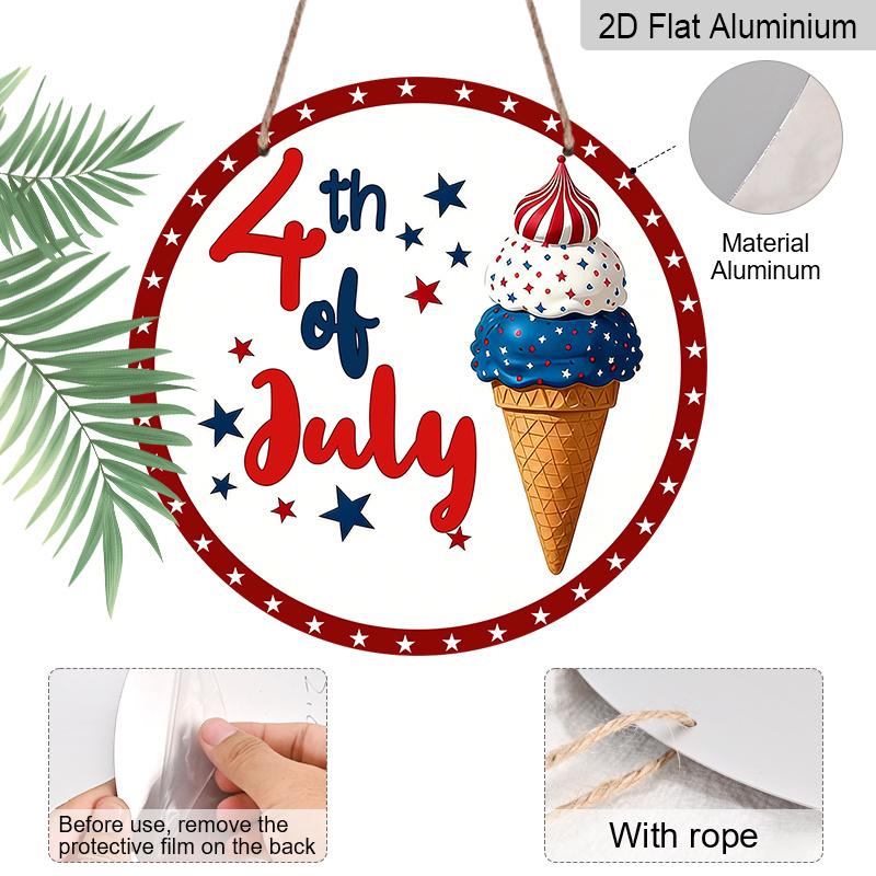2D Flat 1pc Aluminum Independence Day-Themed Ice Cream Wall Decor 7.87 Inches X 7.87 Inches Patriotic Decor Suitable for Hanging On Front Doors