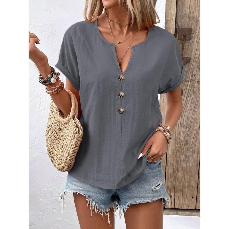 Sommer Damen Button-Up V-Ausschnitt Kurzarm T-Shirt Top für Damen Hemd