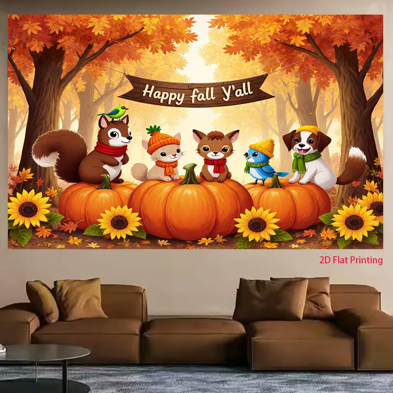 2D Happy Fall Y all Cute Animals Pumpkin Backdrop Banner 47.2x31.5inch/120*80cm