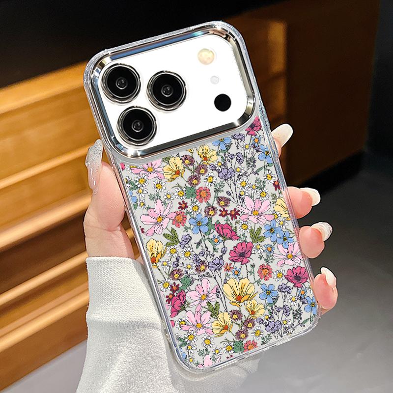INS Sunflower Print Case For iPhone 17 Pro Max iPhone 16 15 14 13 Pro Max 11 17e 16e Plating Lens Frame Clear Soft Silicone Back Cover