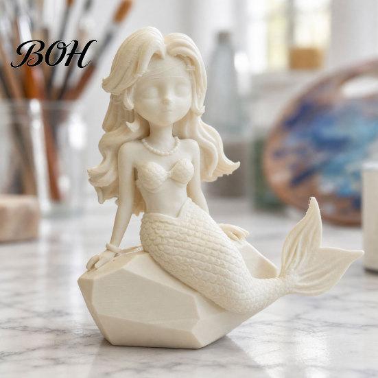 Cartoon Mermaid Figurine 3D Printed Action Figure, Dark Gothic Style with Matte Black Finish, Movable Joints Wavy Hair Design & Wide Rock Base, Decor