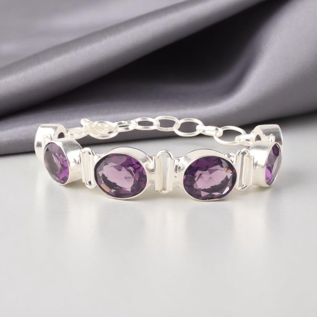 Amethyst Edelstein 925 Sterlingsilber Schmuck Handgefertigtes Armband 8" Geschenk für Ehefrau RB-4-4