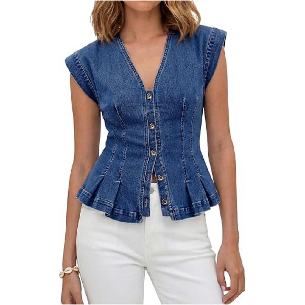 Women's V-neck Button-up Slim Fit Pleated Denim Vest Top