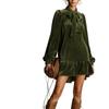 Women's Velvet Bubble Sleeve Bow Neck Ruffle Hem Midi Dress