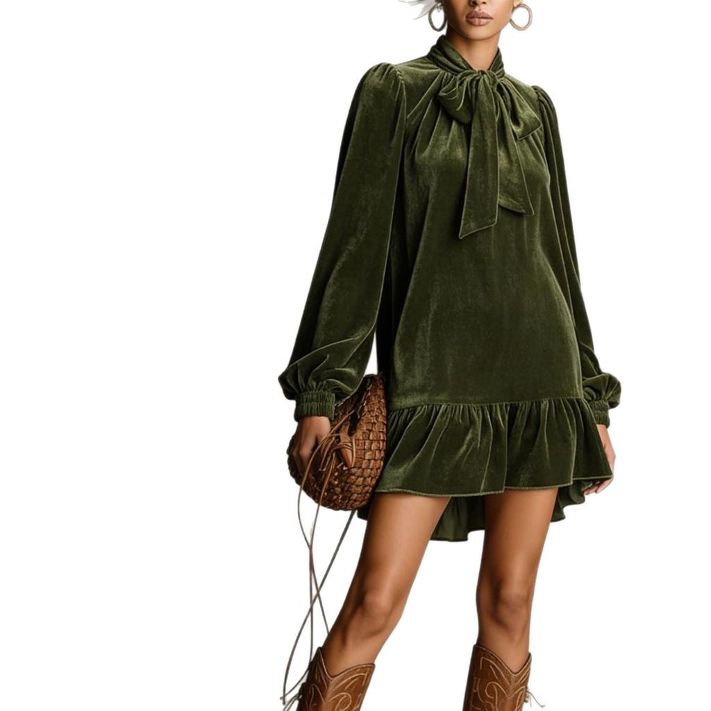 Women's Velvet Bubble Sleeve Bow Neck Ruffle Hem Midi Dress