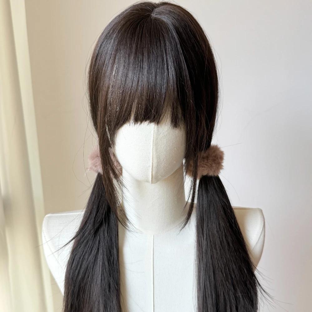 Schwarze Perücke mit Pony Lang Glattes Haar Koteletten Japanische JK Schwarze Lolita Simulationshaar Stirnband Perücken