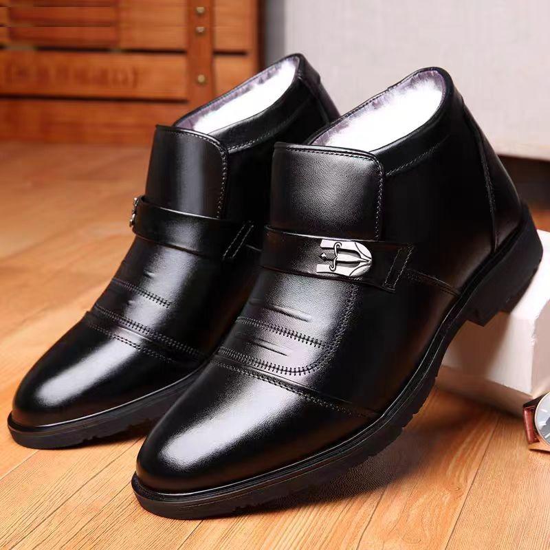 Winter Men's Cotton Shoes Genuine Leather Wool Velvet Thickened Warm Casual High-top Dad Cotton Leather Shoes