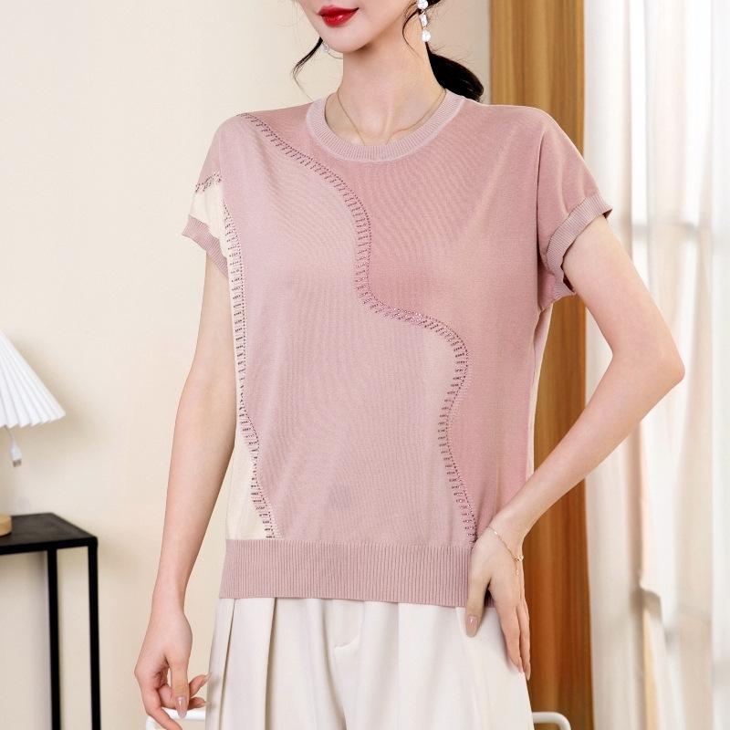 Sommer-Eisseide-Kurzarm-T-Shirt für Mütter - Modisches, leichtes Strickoberteil für alle Altersgruppen