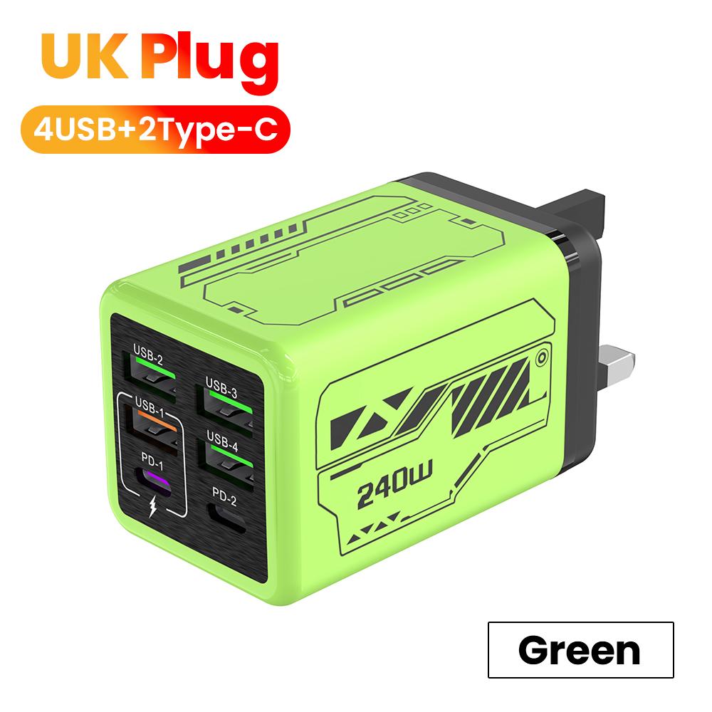 

240W 6 Ports Super Fast Charging Mobile Phone Charger USB3.0 PD3.0 EU/UK/US Charger For Iphone 17 16 Samsung POCO UK green