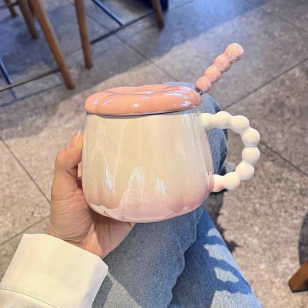 High value Pearlescent Mug with Lid Spoon Ceramic Cup for Girls Niche Couples Water Cup Office Coffee Cup
