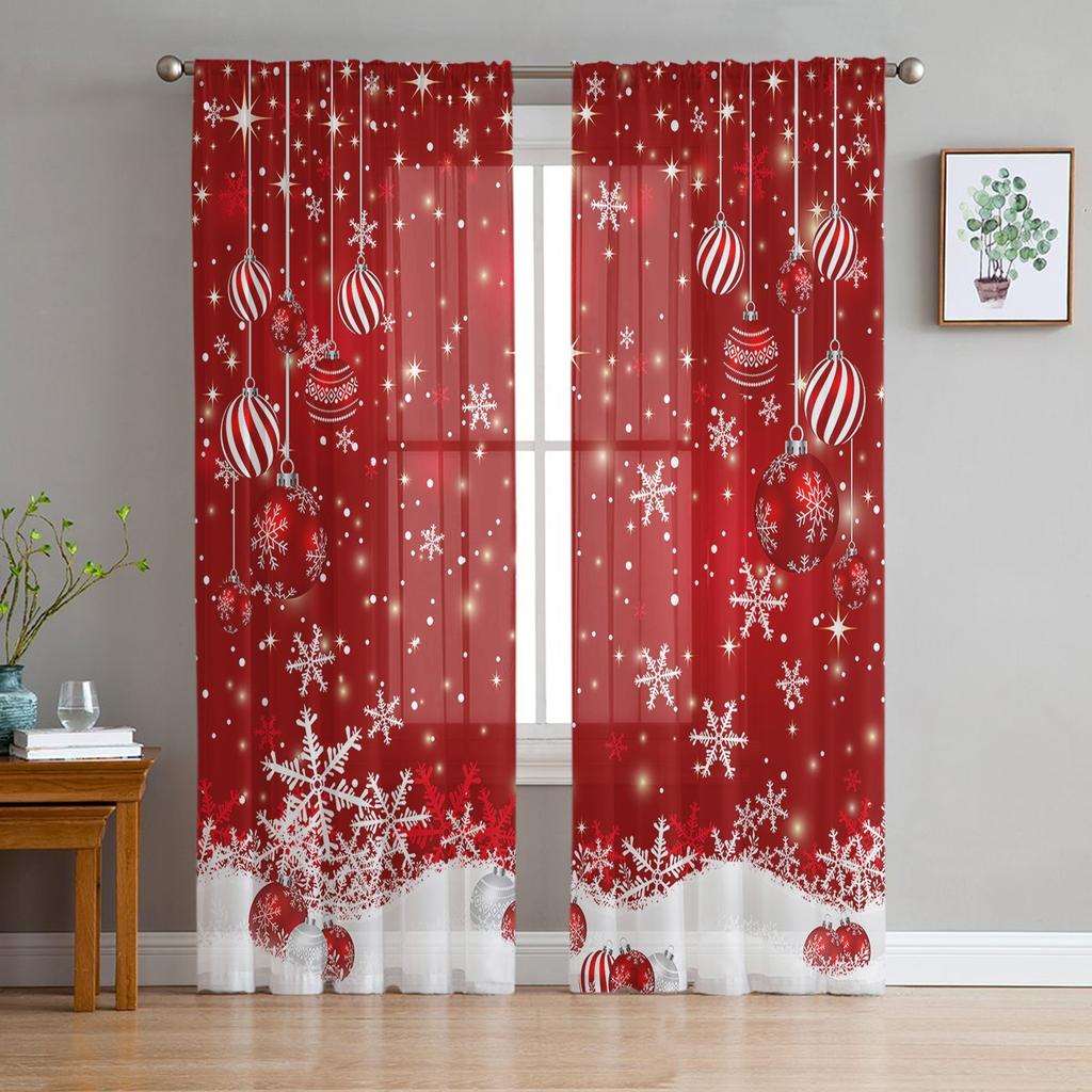 Christmas Decoration Balls And Berries Sheer Curtains For Living Room Bedroom Balcony Transparent Window Blinds Kitchen Drapes