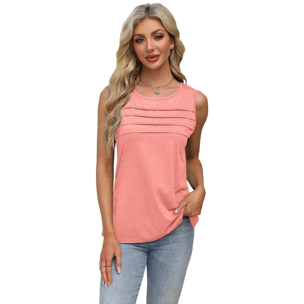 Women's Spring Summer U Neck Pleated Tank Top Solid Color Casual Sleeveless T-Shirt Soft Breathable Daily Wear Basic Top
