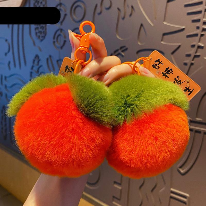 Novelties Rex Rabbit Hair Fruit Persimmon Car Backpack Ornaments Cute Soft Feel Decompression Bag Charm