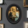 Rustic Autumn Home Accents Halloween Gothic Oval Wooden Hanging Plaque, Vintage Framed Black Cat Little Minimalist Horror Themed Decor Ghost