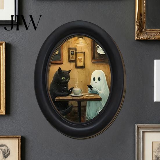 Rustic Autumn Home Accents Halloween Gothic Oval Wooden Hanging Plaque, Vintage Framed Black Cat Little Minimalist Horror Themed Decor Ghost