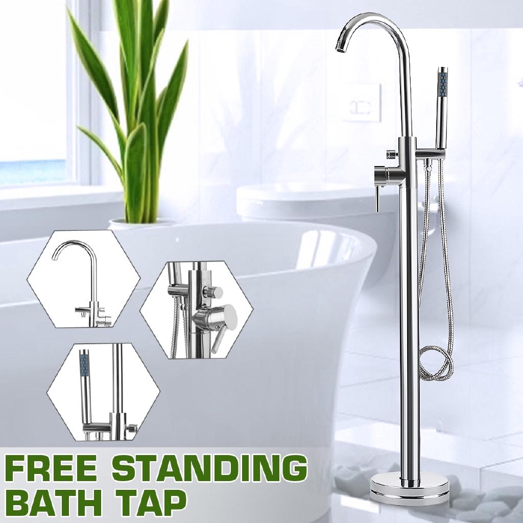 Chrome Polished Bathtub Floor Stand Faucet Mixer Single Handle Mixer Tap 360Rotation Spout With ABS Handshower Bath Mixer Shower Silver