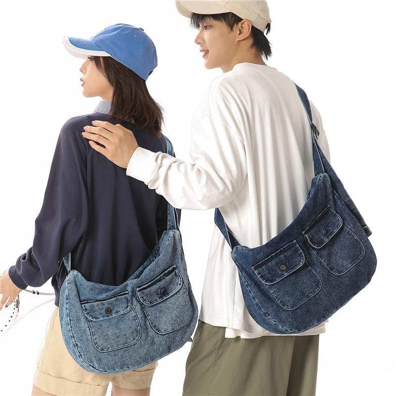 Borsa Hobo in Denim Lavato Vintage con Doppie Tasche Frontali a Pattina Borsa a Spalla Casual Morbida per Donne Quotidiana