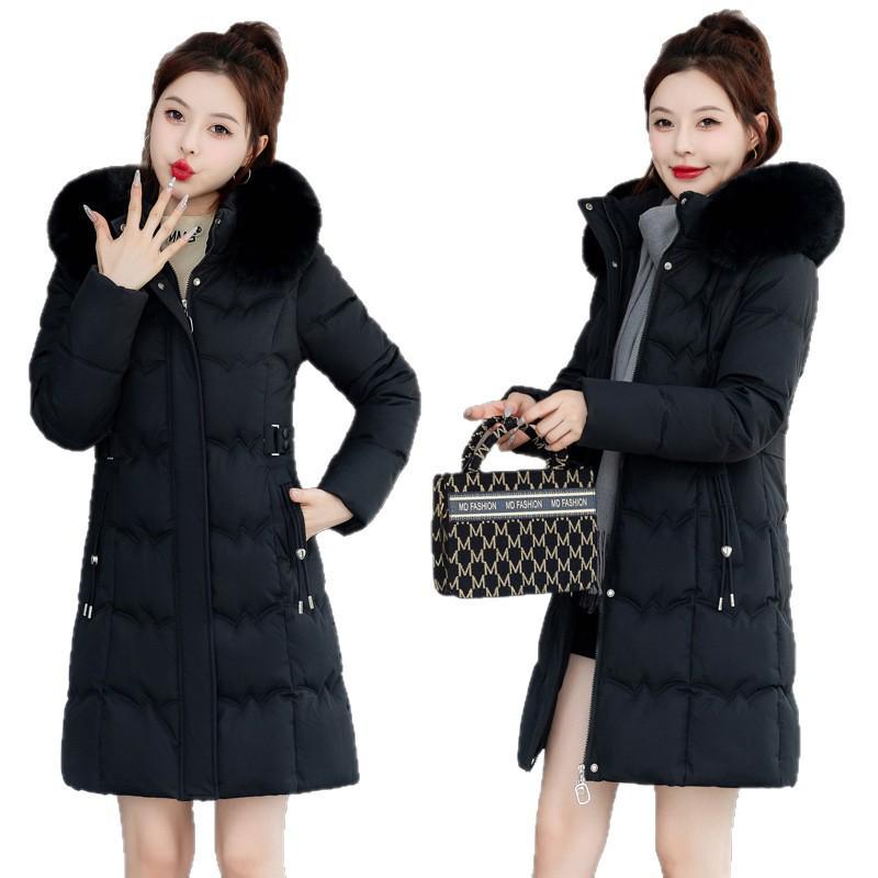 Women's Mid-Length Hooded Cotton Jacket with Large Fur Collar - Fashionable, Slimming Winter Outerwear with Waist Tie