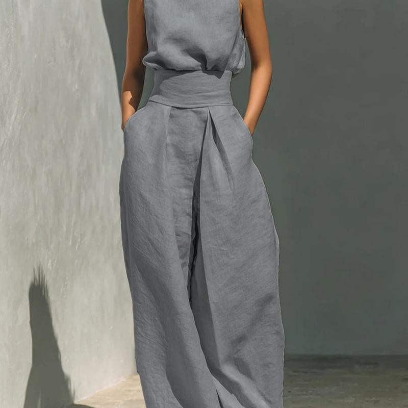 Spring and Summer European Style Women Clothing Cotton Sleeveless Casual Set