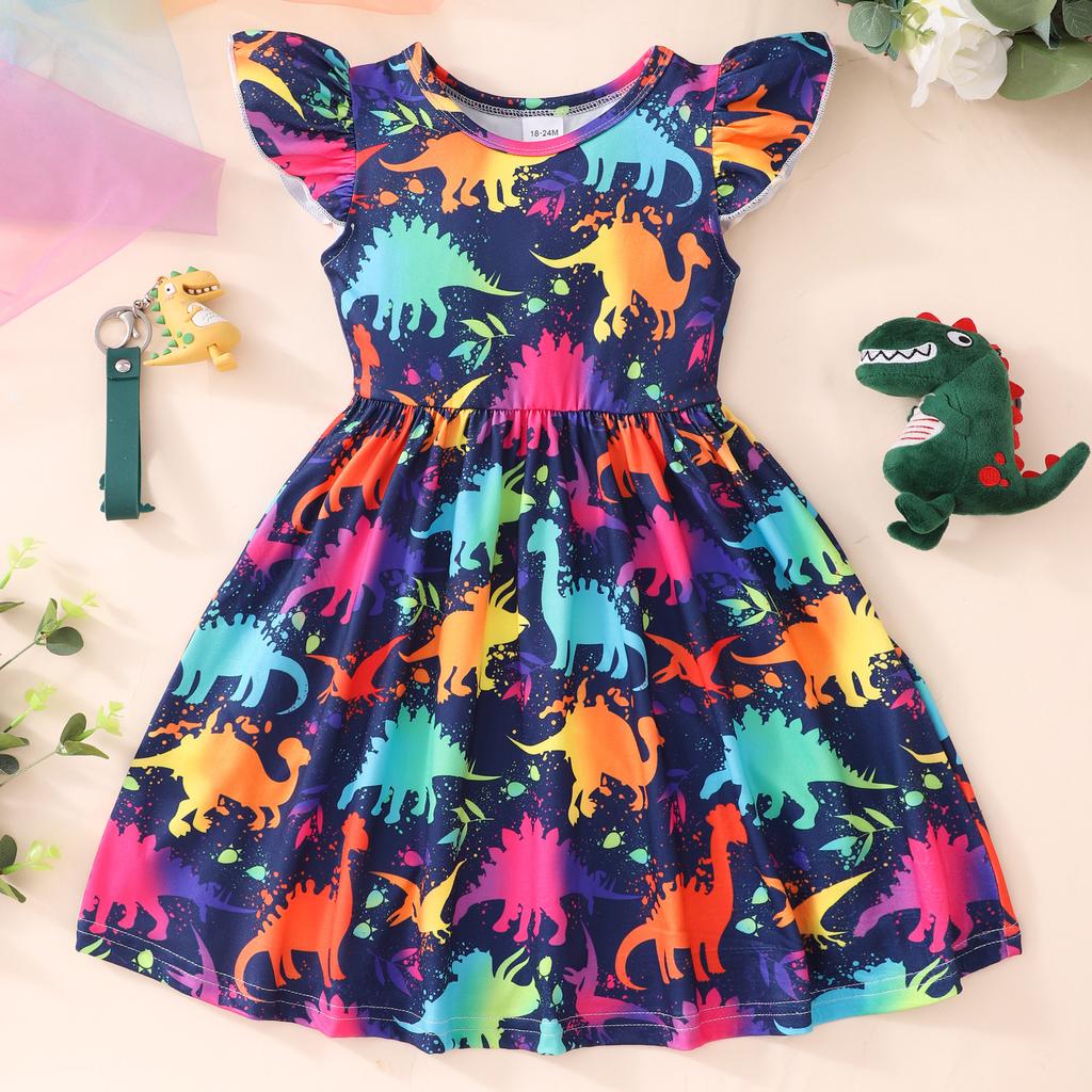 Preschool Dress Cartoon Dinosaur Butterfly Princess Summer Ruffled Sleeves Tie Dyed Rainbow Party Set
