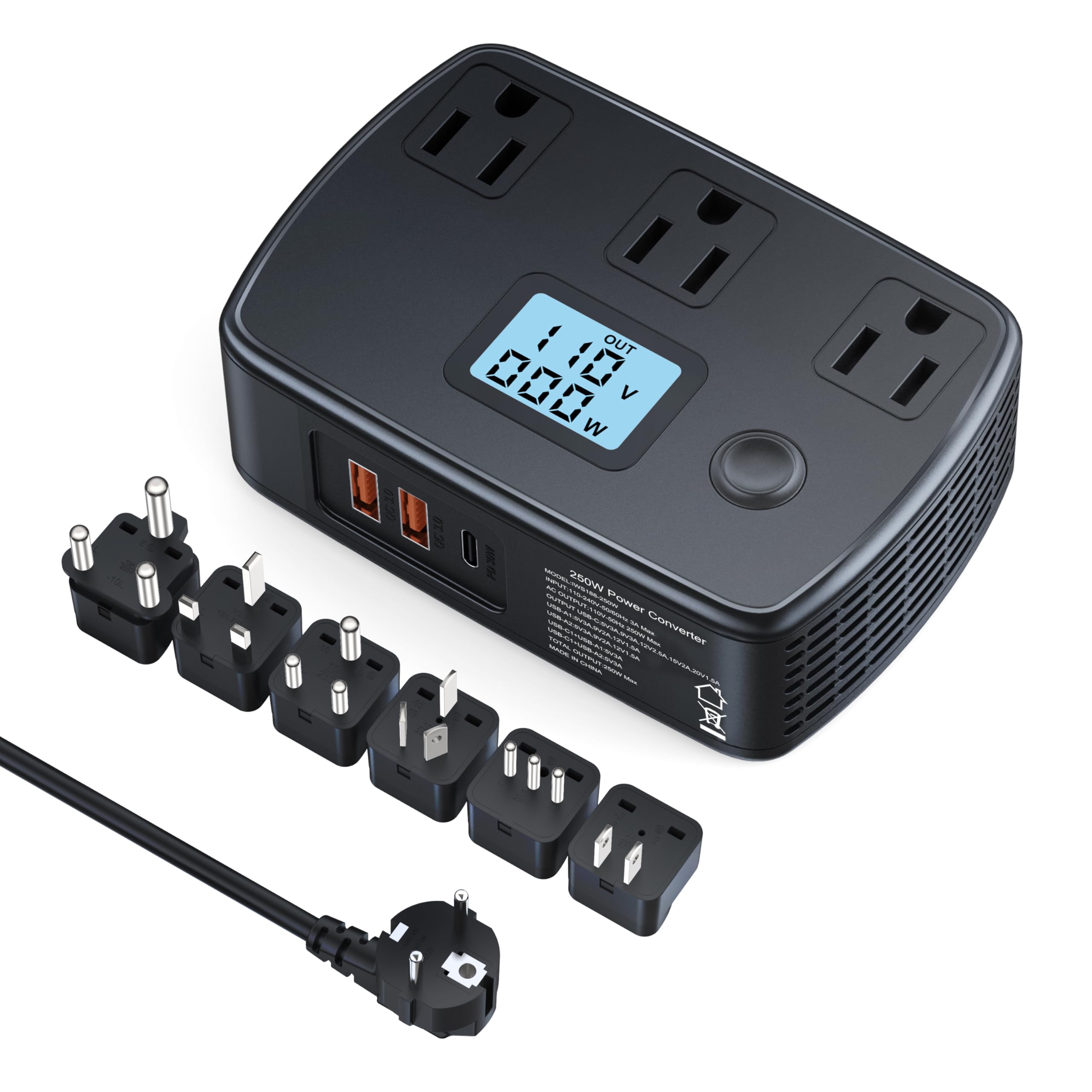 

Sine Wave Transformer for Overseas Overseas Outlet Conversion Transformer 220V to USB Charger Travel USB Visual Voltage 250W Transformer Travel, Plug, чорний