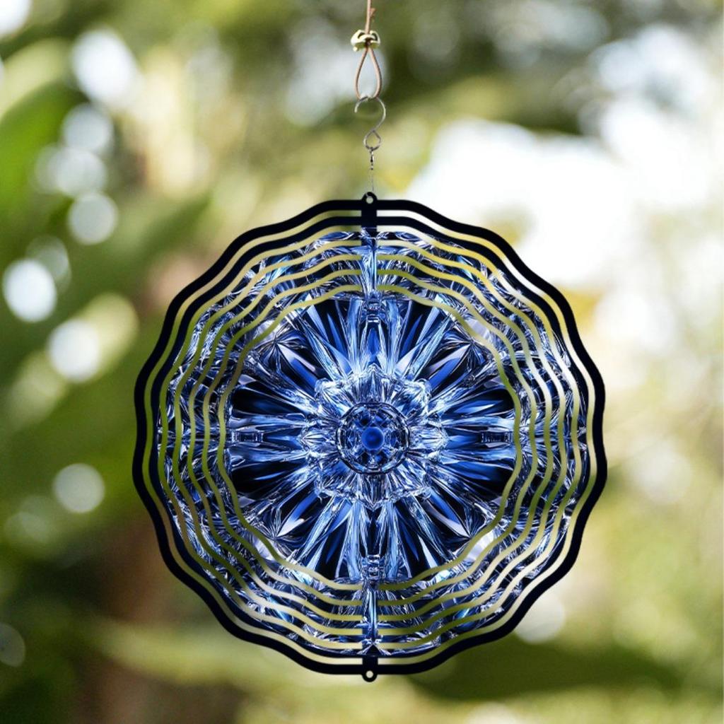 360 Degree Rotating Metal Wind Spinner for Outdoor with Faceted Blue Crystal Design Hanging Decor for Garden Patio Balcony All Season